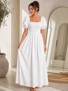 White Puff Sleeve Smocked Maxi Dress