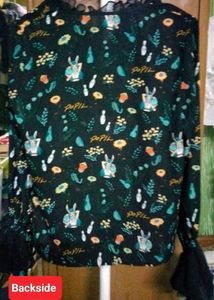 Cute Bunny Print Ruffle Neck Top