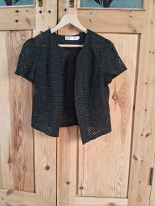 Chic Black Eyelet Cropped Jacket
