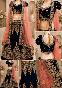 Navy Blue Embroidered Velvet Lehenga Choli