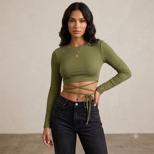 Olive Green Long Sleeve Wrap Crop Top