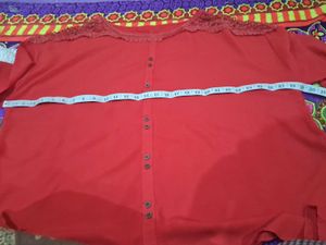 Red Button-Down Top with Crochet Detail