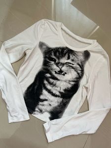 White Long Sleeve Cat Print Top