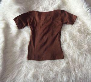 Brown Ribbed Square Neck Top