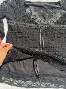Elegant Black Lace Top with Pearl Detail