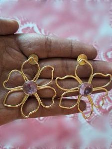 Western brass Floral Stud Earrings with Pink Stone