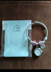 Charm Bracelet Watch with Pink Beads