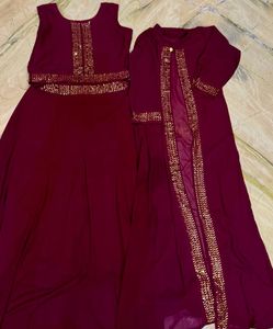 Girls Maroon Embellished 3Piece Ethnic Gown Set