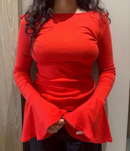 Red Bell Sleeve Ribbed Top