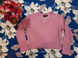 Pink Cropped V-Neck Long Sleeve Top