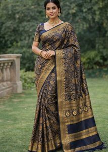 Elegant Navy Blue Banarasi Silk Saree