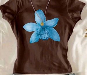Brown T-Shirt with Blue Flower Pendant