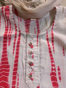 Pink&amp;White Color Kurti Palazo Set With Dupatta