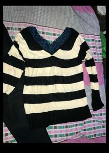 Striped Top &amp; Black Pants Set