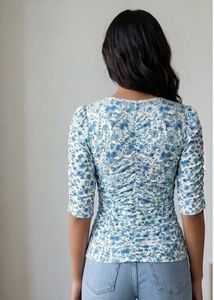 Blue Floral Ruched Puff Sleeve Top