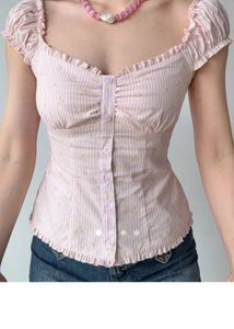 Cute Pink Striped Floral Button-Up Top