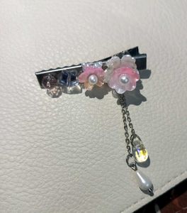 Pair of Blush Bloom Hair Clips with Hanging Pearls