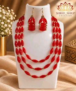 Stunning Red Beaded Necklace &amp; Earring Set