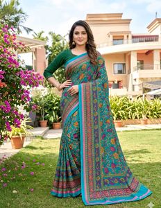 Teal Floral Print Saree