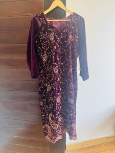 Velvet Embroidered Kurta with Shawl
