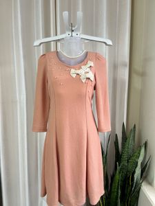 Korean peach Dress with Pearl & Bow Detail
