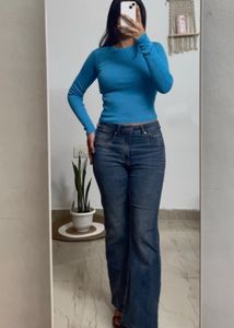 mango Blue Ribbed Long Sleeve Top