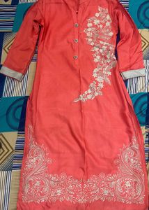Embroidered Coral Kurta