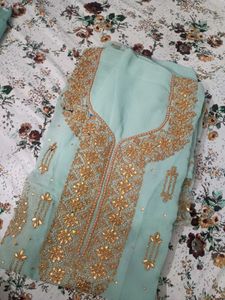 Pure Georgette Embellished Sky Blue Dress Material