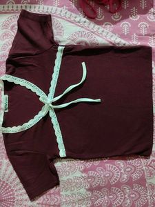 Maroon Lace Trim Tie-Up Top