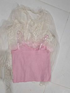 Sheer Lace Blouse &amp; Pink Feather Cami Set