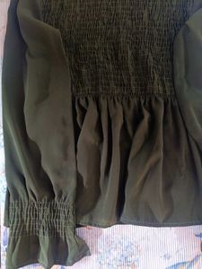 Dark Green Smocked Neck Top