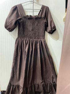 Brown Square Neck Puff Sleeve Smocked Dress