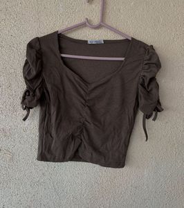 Brown Crop Top with Puff Sleeves
