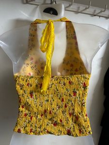 Yellow Floral Halter Neck Crop Top