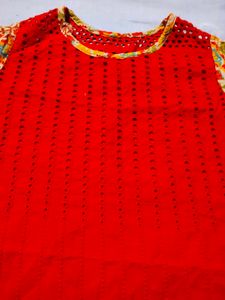 Vibrant Red Kurta with Floral Sleeves
