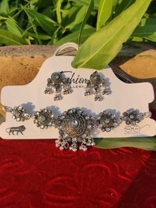 Oxidized Silver Necklace and Earrings Set