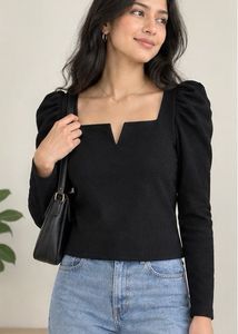 Black Puff Sleeve Square Neck Top
