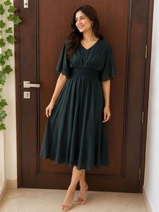 Elegant Black V-Neck Flutter Sleeve Dress