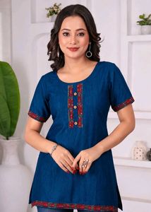 Blue Embroidered Short Kurti | Size M | Excellent