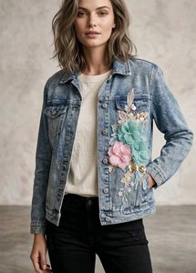 SALE Denim Jacket with Floral Applique