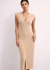 Elegant Beige Button-Up Midi Dress