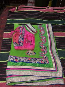 Vibrant Green Designer Saree with Pink Blouse