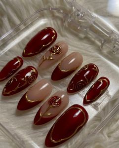 Elegant Red & Gold Rose Press-On Nails