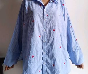 Blue Striped Shirt with Red Accents