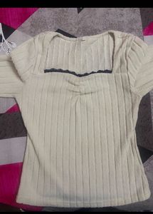 Ribbed Lace Trim Square Neck Top