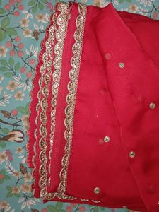 Red Silk Saree with Sequins &amp; Lace Border