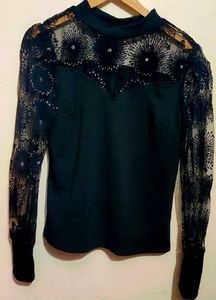 Black Party Wear Top Net Sleeve & Neck For 34 Bust