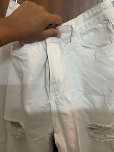 Cream Distressed Denim Jeans