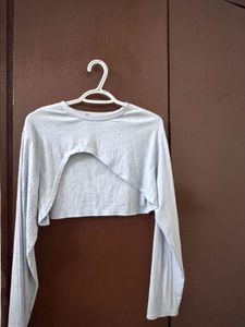 Light Blue Cropped Ribbed Long Sleeve Top
