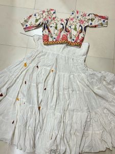 Embroidered Peacock Blouse & White Skirt Set